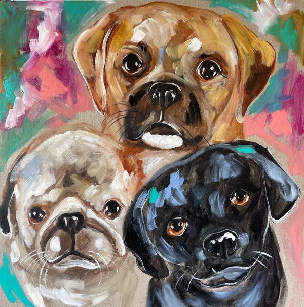 Pet portrait trio - commissioned - 76x76 cm