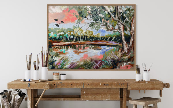 Black cockatoos at the billabong-original on belgian linen - 75x100 Cm