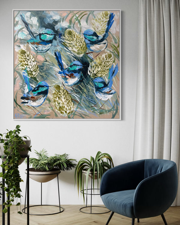 Fairy wrens and banksia -original on belgian linen  - 90x90 Cm