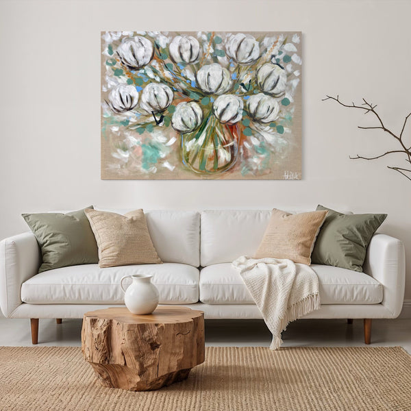 Australian cotton blooms , wheat and Willy wagtails -Original on gallery canvas  90x120 cm