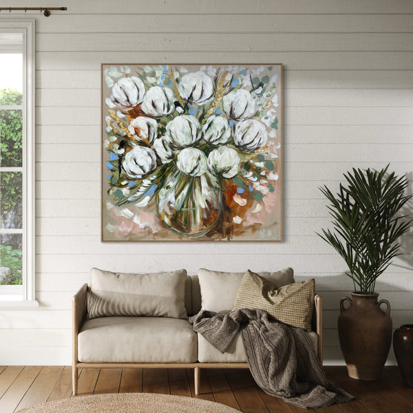 Aussie cotton , wheat and willy wagtails -original on belgian linen  - 90x90 Cm