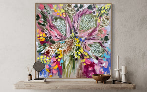 Vibrant protea and wattle blooms - 76x76cm -original on Belgian linen
