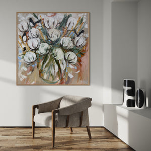 Aussie cotton , wheat and willy wagtails -original on belgian linen  - 90x90 Cm