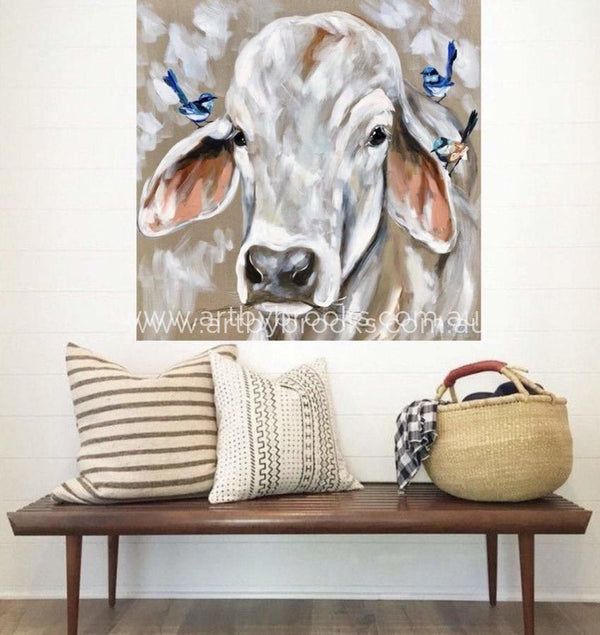 Bovine And Blue Wrens - Original On Belgian Linen 90X90 Cm Original