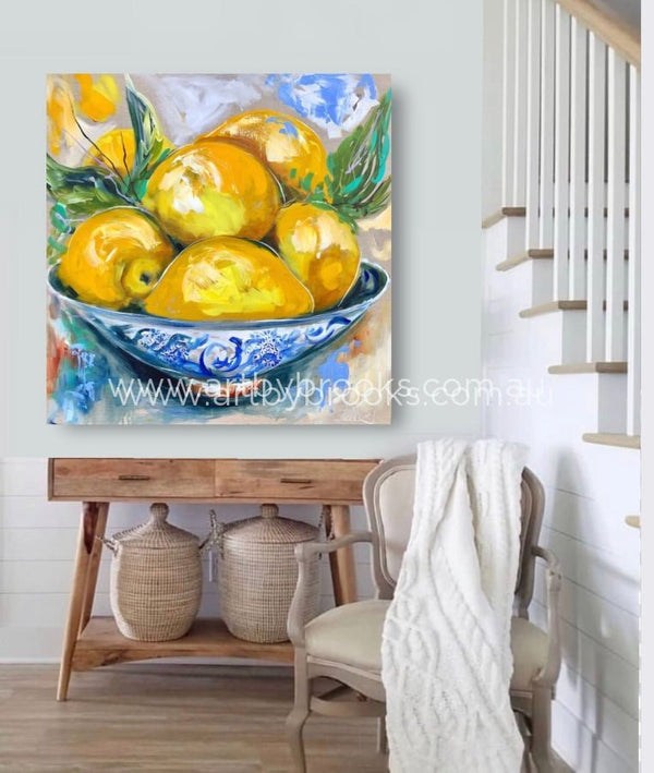 Antique Lemon Bowl - Original On Belgian Linen 90X90Cm Medium Sized Originals