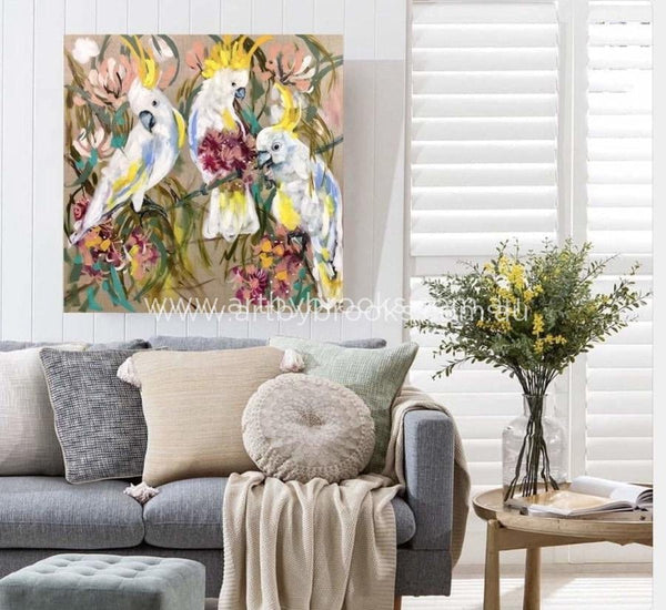 Australian Cockatoo And Cascading Gum -Original On Canvas 90 X90 Cm Original