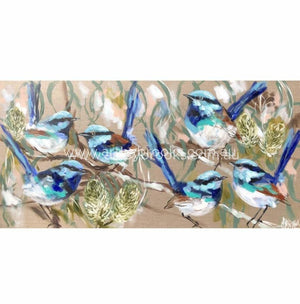 Blue Wrens And Flowering Banksia -Original On Belgian Linen 75 X150 Cm Originals