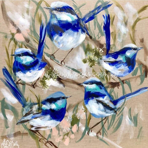 Blue Wrens And Gum Blossoms -Original On Belgian Linen 90X90Cm Original