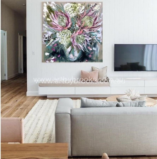 Blush King Protea - Original On Belgian Linen 120X120Cm Medium Sized Originals