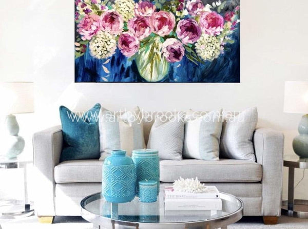 Blush Peony And White Hydrangea - Original On Canvas 75 X150Cm Originals