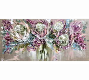 Blush Protea And Flowering Gum - Original On Belgian Linen 75 X150 Cm In Situ