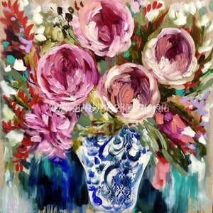 Bold Blooms With Antique Vase - Original On Belgian Linen 90X90 Cm Originals
