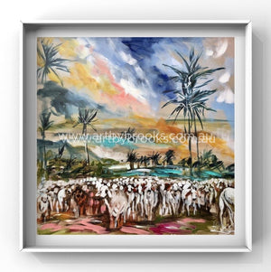 Cattle Under Palms ( In Colour ) - Art Print Art