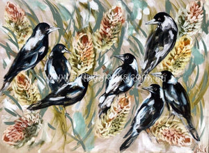 Daily Magpies And Golden Banksia -Original On Belgian Linen 90X120 Cm Medium Sized Originals