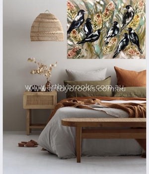 Daily Magpies And Golden Banksia -Original On Belgian Linen 90X120 Cm Medium Sized Originals