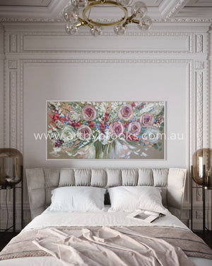 Delicate Rose And Bush Banksia - Original On Belgian Linen 75X150 Cm Medium Sized Originals