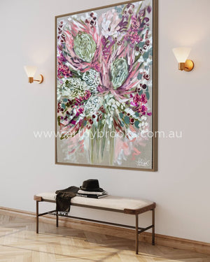 Grand Protea And Native Blooms -Original On Belgian Linen- 90X120 Cm Medium Sized Originals