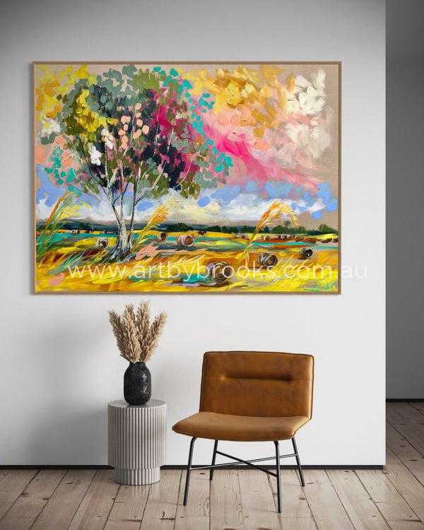 Wheat Gum And Hay Bales -Original On Belgian Linen 90X120 Cm Medium Sized Originals