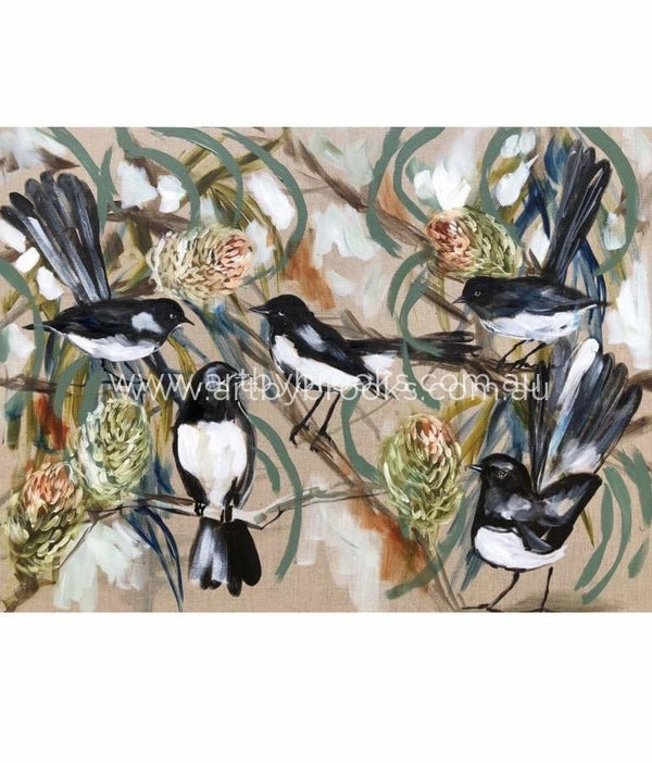 Willy Wagtails And Banksia - Art Print Art Prints