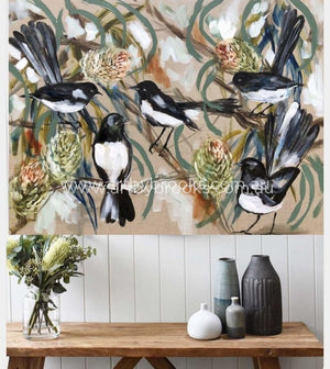 Willy Wagtails And Banksia -Original On Belgian Linen 75 X100Cm Originals