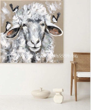 Wooly Sheep And Willy Wagtails - Original On Belgian Linen 90X90 Cm Original