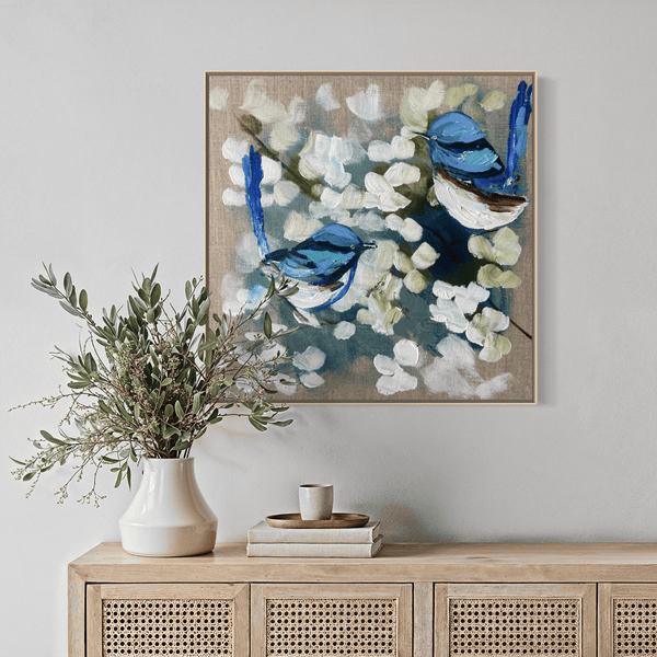 Blue wrens and blossoms 2-original on Belgian linen 30x30 cm