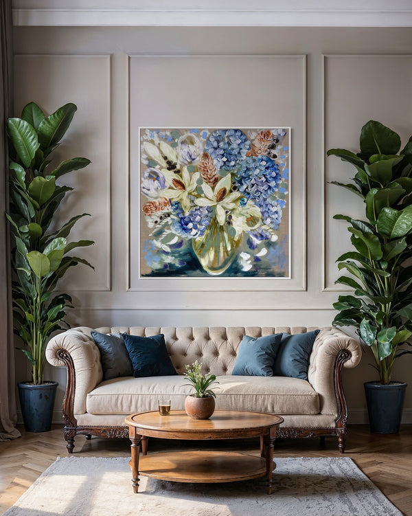 Grand Magnolia and hydrangea -original on Belgian linen   - 90x90 Cm