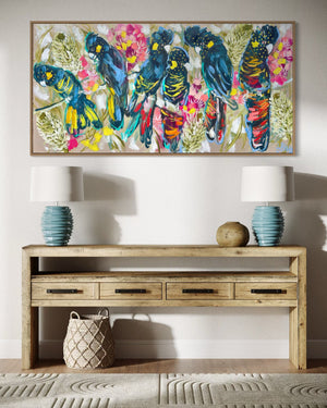 Black cockatoos and banksia -Original on Belgian linen  75x150 Cm