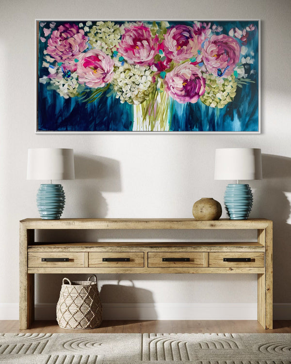 Moonlit peony and hydrangea -Original on gallery canvas 75x150 cm