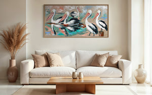 Party of five - pelicans - original on Belgian linen 75 x150 cm