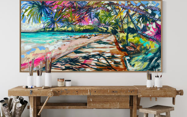 Making memories -noosa main beach -Original on belgian linen  75x150 cm