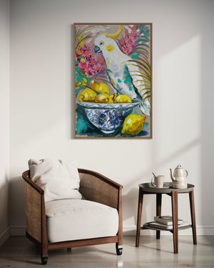 Cockatoo and Lemons -60x90 cm - original on Belgian linen