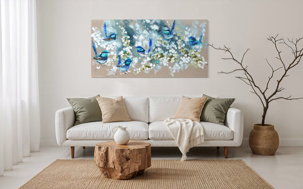Blue Wrens and cherry blossom -Original on Belgian linen  75x150 Cm