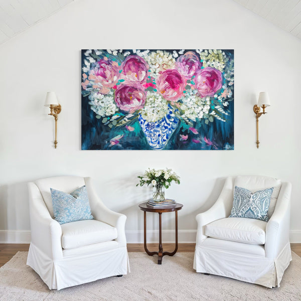 Heirloom  peony and hydrangea - original on gallery canvas 100x150  cm