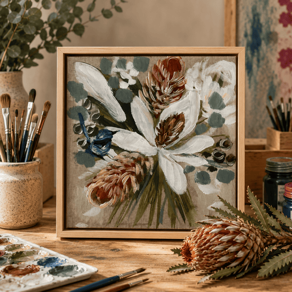 Magnolia,banksia and wrens 1-original on Belgian linen - 30x30 cm