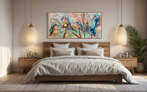 Kingfishers and native bulrushes -Original on Belgian linen  75x150 Cm