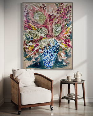 Protea , bush wattle and blue wrens -Original on belgian linen-  90x120 Cm