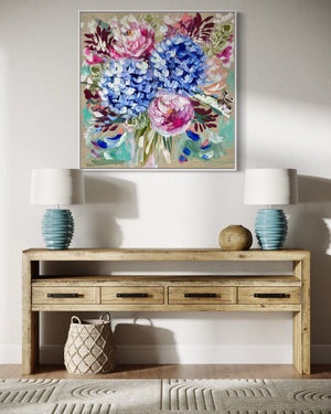 Peony and hydrangea bouquet-original on Belgian linen -76 x76 Cm