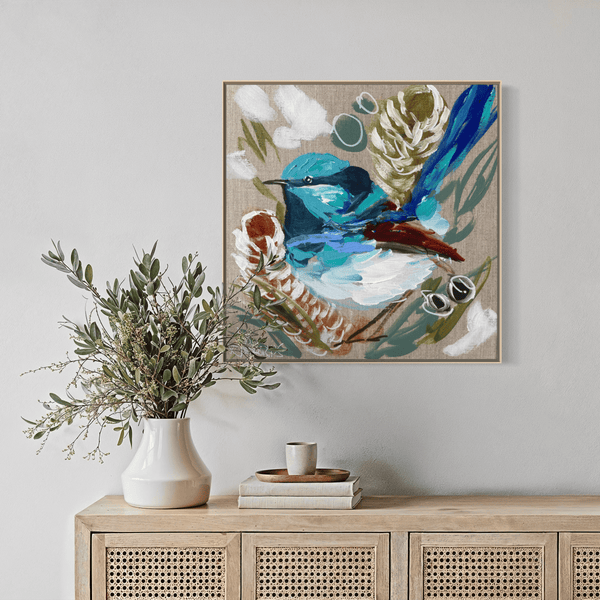 Blue wren 2-original on Belgian linen 30x30 cm