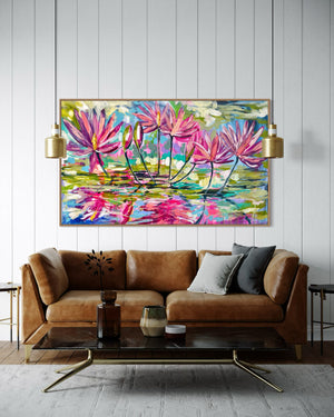 Magenta waterlily - original on gallery canvas 90x150  cm