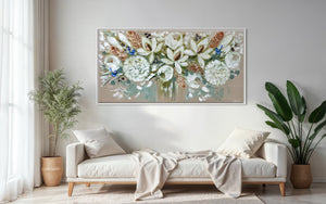 White magnolia and hidden blue wrens -Original on belgian linen 75x150 cm