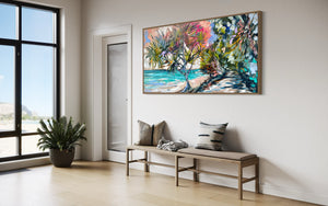 Early morning walk - laguna bay - noosa -Original on Belgian linen  75x150 Cm