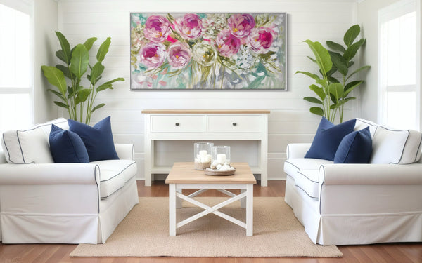 Blush peony and hydrangea -Original on gallery canvas 75x150 cm