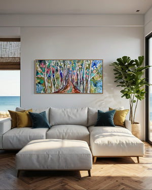 Gum Tree Laneway  - original on Belgian linen 75 x150 cm