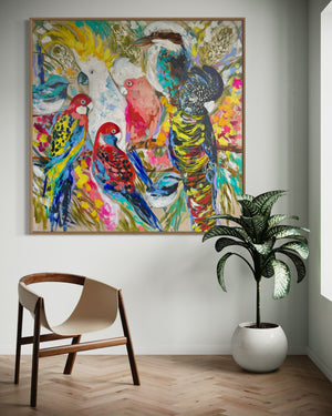 Bird life Australia - Original on Belgian linen - 120x120 Cm