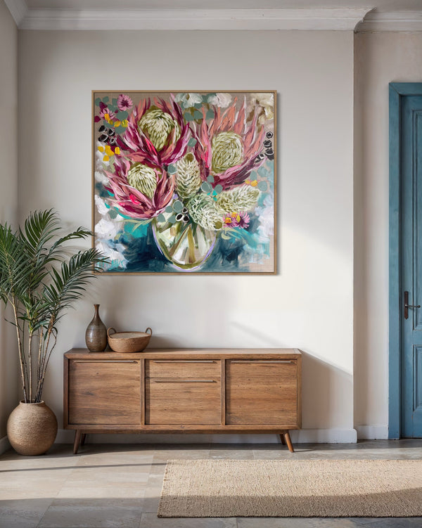 Australian natives and King protea -original on Belgian linen   - 90x90 Cm