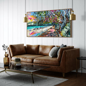 Summertime Boardwalk - Noosa - original on Belgian linen 75 x150 cm