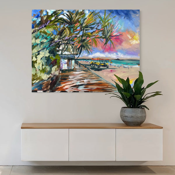 Between the flags - Noosa main beach - original on Belgian linen -75x100 cm