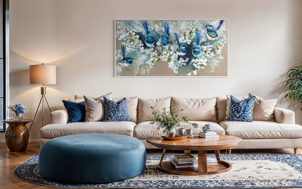 Blue Wrens and cherry blossom -Original on Belgian linen  75x150 Cm