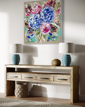 Peony and hydrangea bouquet-original on Belgian linen -76 x76 Cm